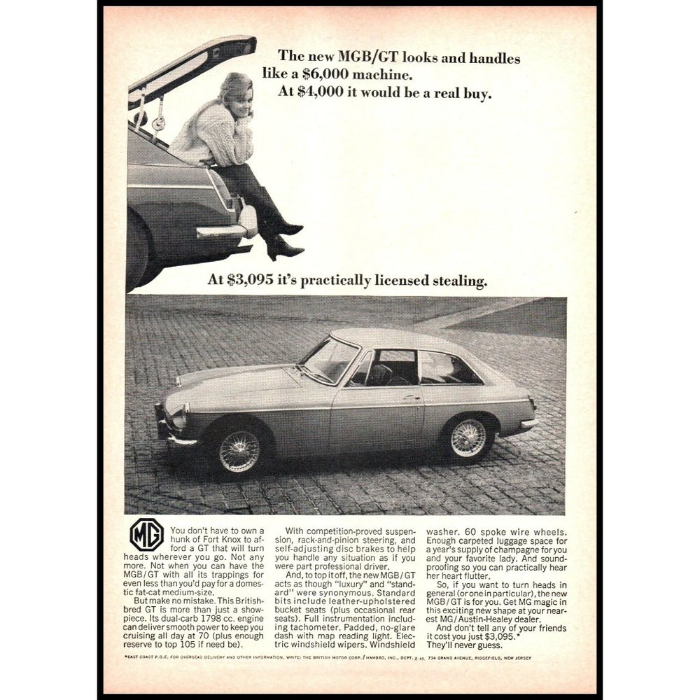 1967 MG MGB/GT Coupe Vintage Print Ad Cobblestone Blonde Sweater Wall Art Photo